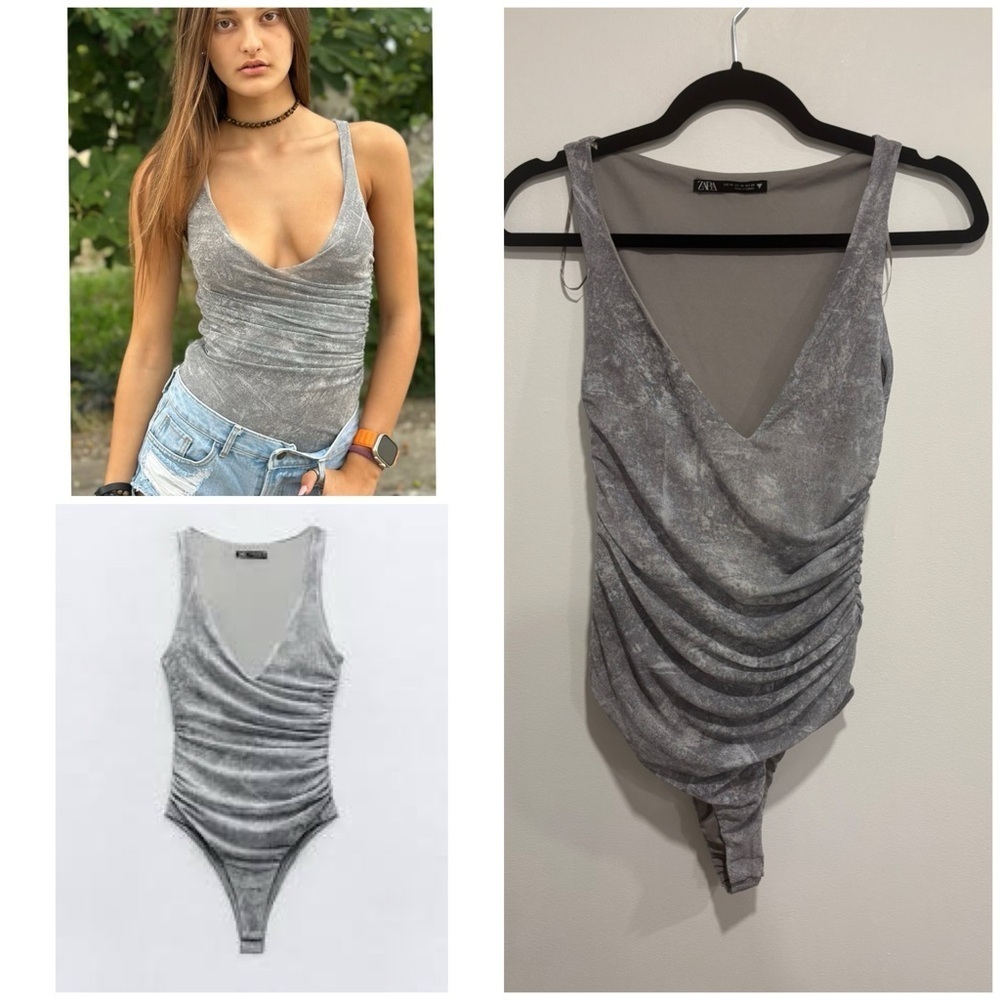 ZARA Metallic Grey Ruched Draped Bodysuit XS